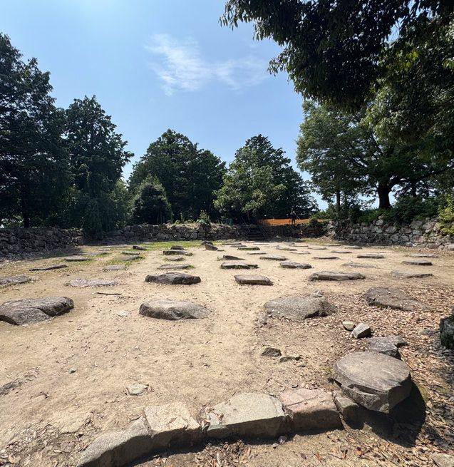 Rows of foundation stones at the Azuchi tenshu site surrounded by trees